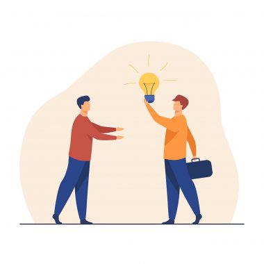 Man selling idea for startup. Shining lightbulb, partners, finding investors. Flat vector illustration. Business, new project, partnership concept for banner, website design or landing web page